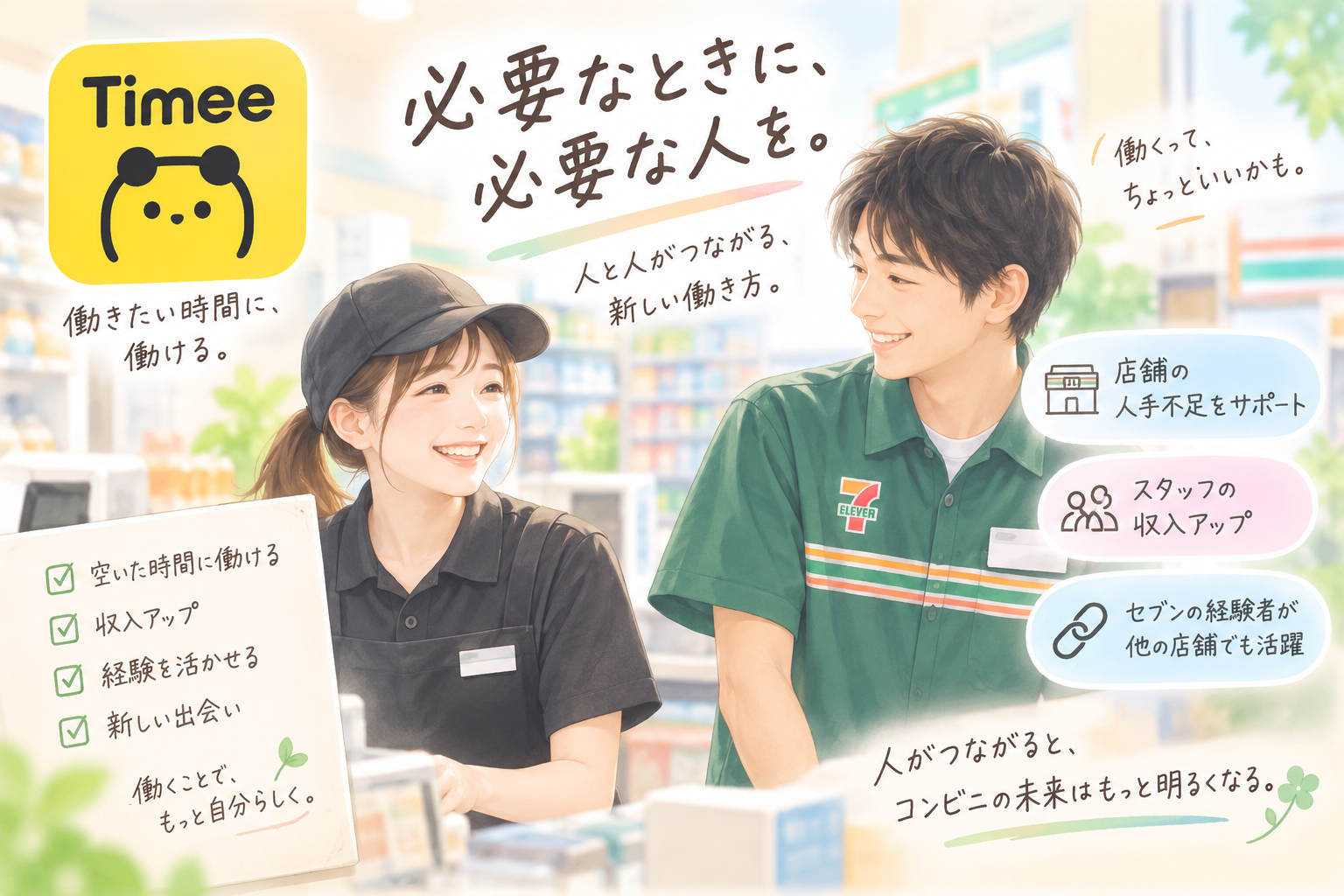 タイミーを活用したコンビニの人手不足対策とスタッフの収入アップ、セブン経験者の人材活用を表現したイメージ画像