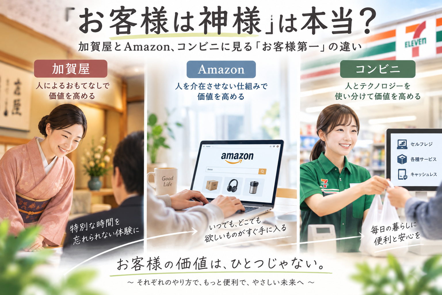加賀屋・Amazon・コンビニのお客様第一の違いを比較し、人とテクノロジーを使い分けるサービスを表現したイメージ画像