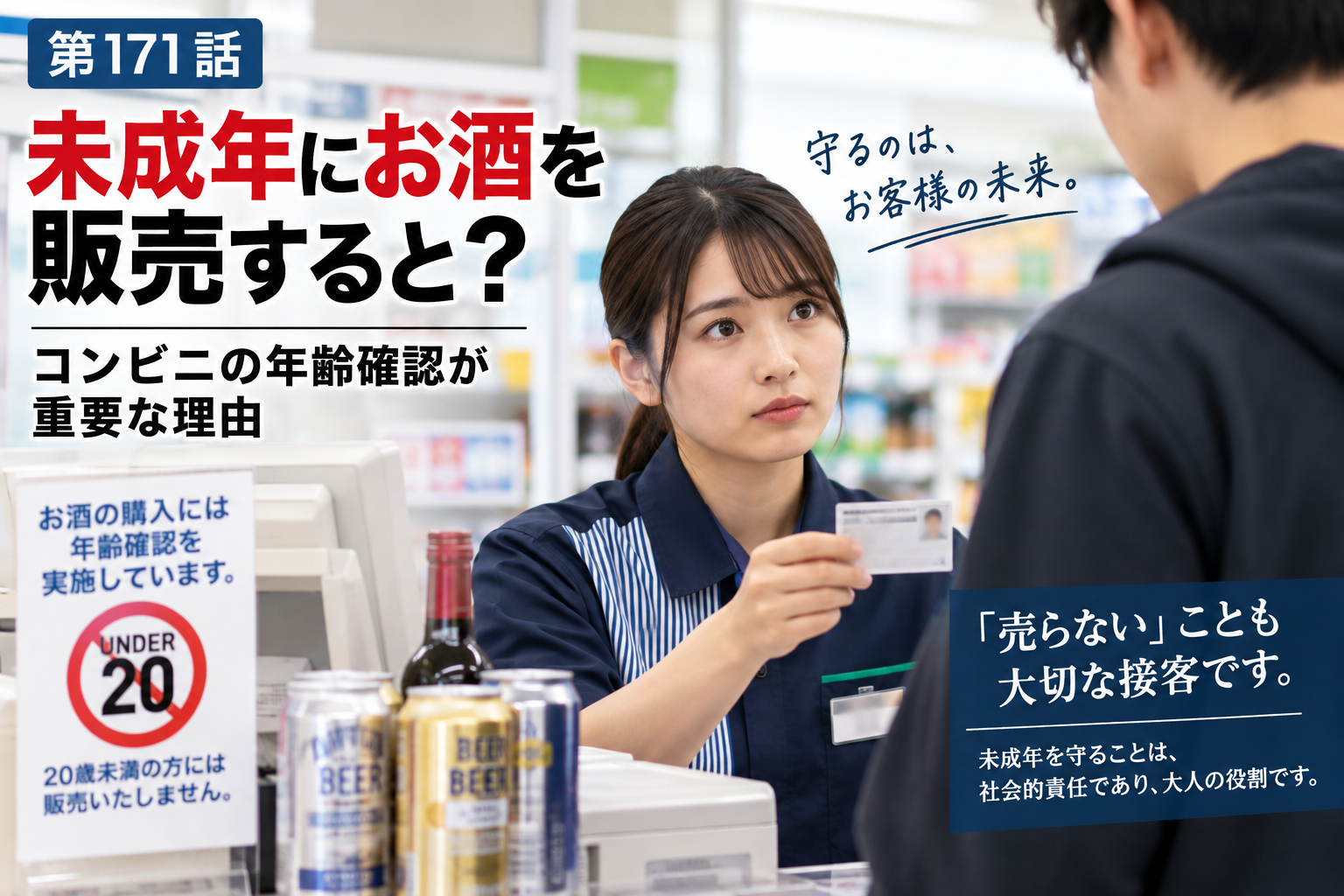 コンビニのレジでスタッフが酒類購入者の年齢確認を行う様子