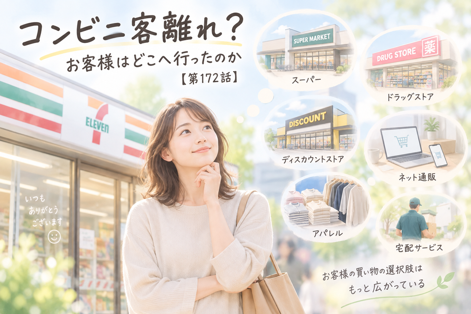 コンビニ客離れと買い物先の分散をイメージしたイラスト。スーパー、ドラッグストア、ディスカウントストア、ネット通販、アパレル、宅配サービスなど選択肢が広がる様子。