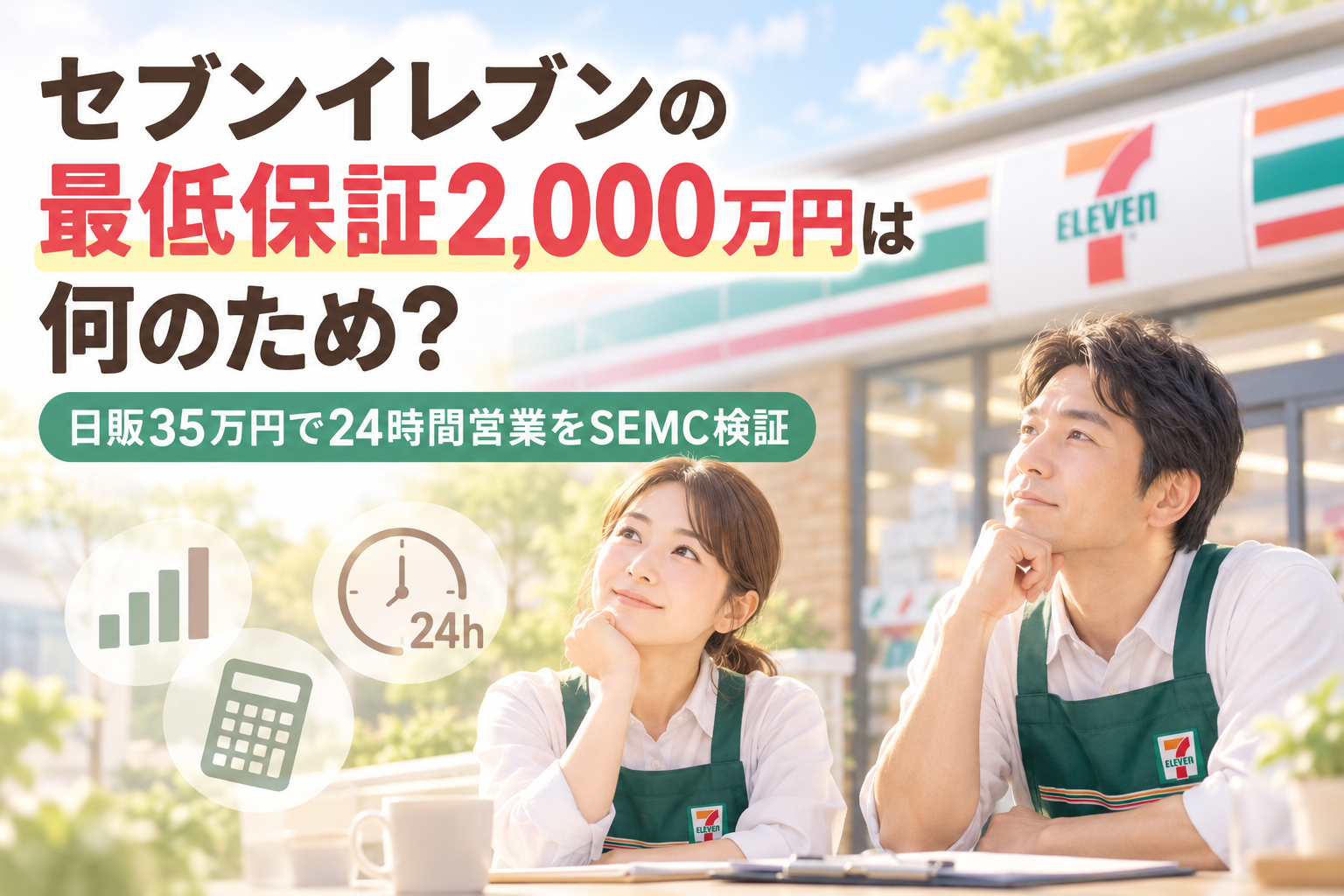セブンイレブンの最低保証2,000万円を日販35万円・24時間営業の条件でSEMC検証するイメージ画像
