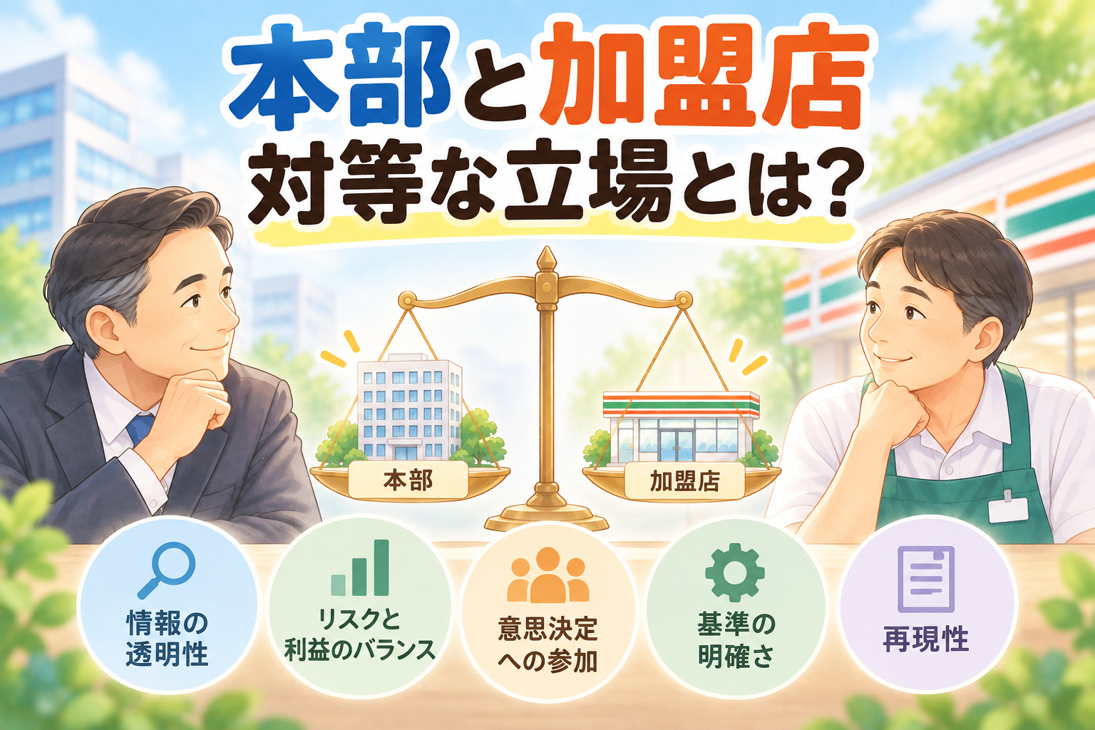 本部と加盟店が天秤を挟んで向き合い、平等な立場を考えるイメージ
