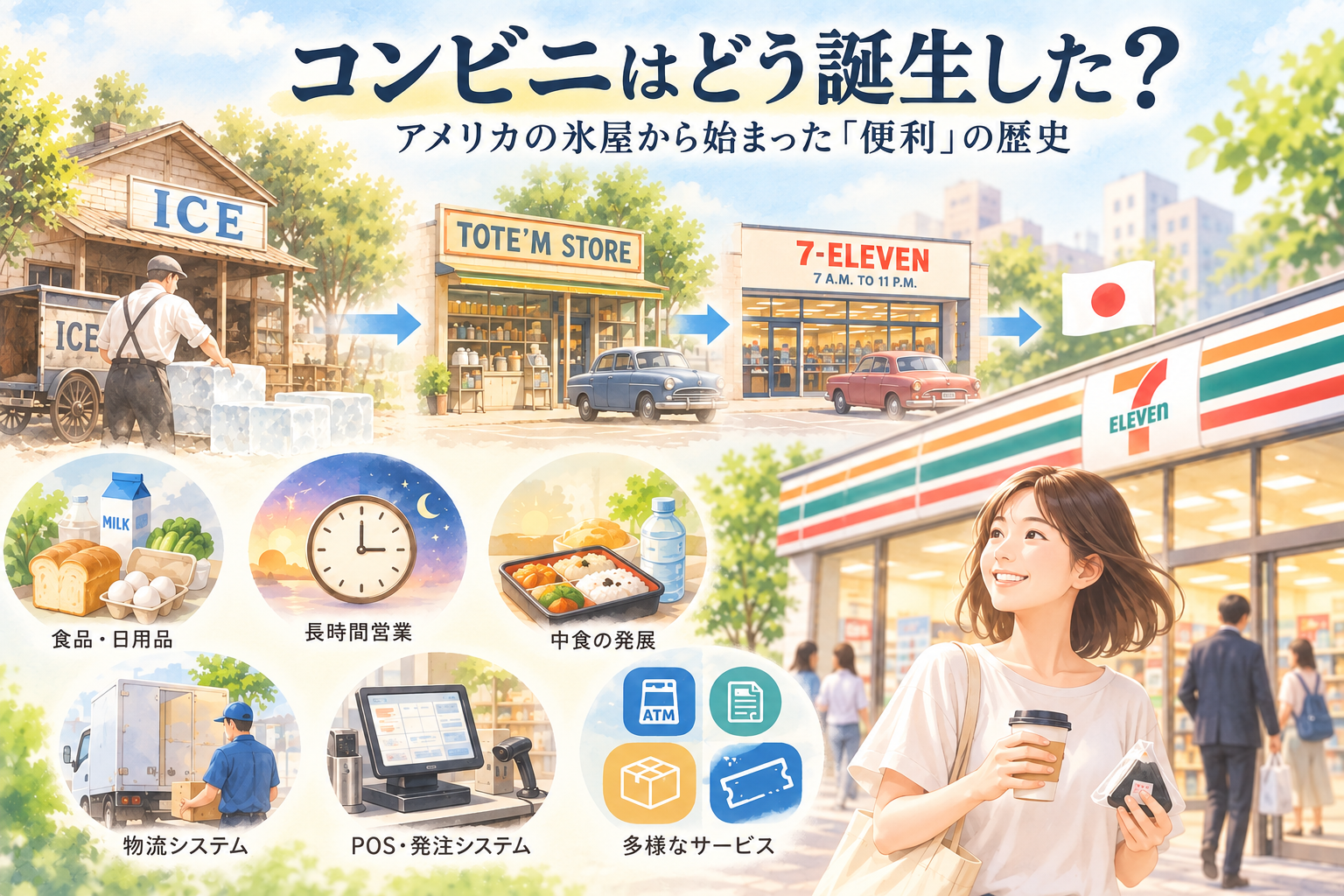 コンビニの歴史を表現したイラスト。アメリカの氷屋からTote'm Store、7-Elevenを経て日本のセブン-イレブンへ発展する流れと、物流・POS・長時間営業・多様なサービスを描いている