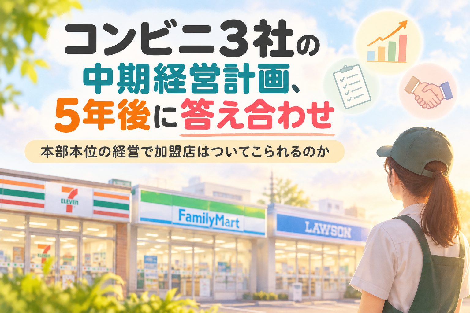 コンビニ3社の中期経営計画を5年後に答え合わせするイメージ画像。セブン‐イレブン、ファミリーマート、ローソンの店舗と現場スタッフを描いた柔らかなビジネスイラスト。