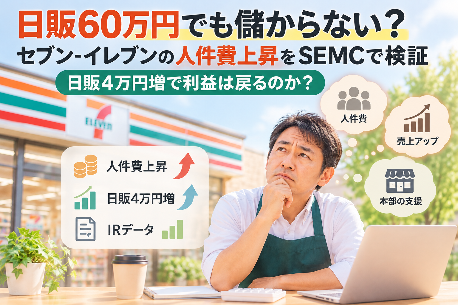セブン‐イレブンの時給上昇による加盟店利益の減少と日販増加の損益シミュレーション